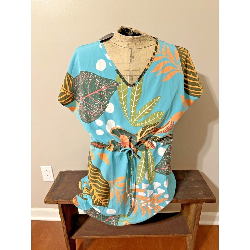 BLUETIME Boutique Tropical Pattern Dress Drawstring Waist Short Sleeve Sz Med